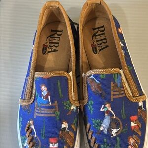 Reba by Justin Blue Western Print Slip-On “Alice” Shoes with Tan Trim